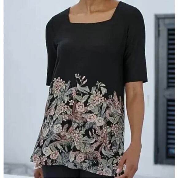 J. Jill Wearever Collection Floral Humming Bird Top Womens XL Black Tunic Tee - Picture 1 of 11